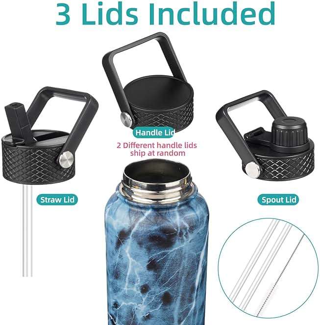 Konokyo 22oz Stainless Steel Bottles with 3 Lids Sport Insulated Water Bottle,Marble Ocean - Image 5