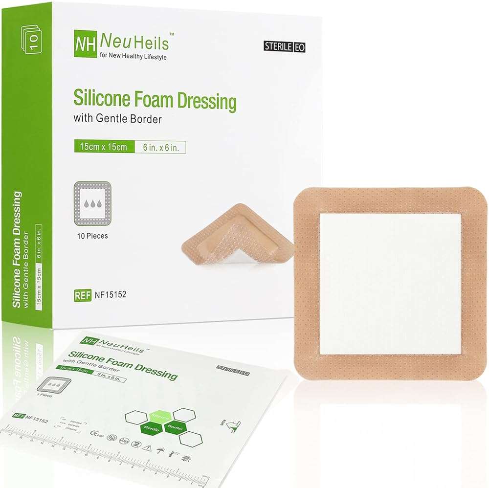 Silicone Adhesive Foam Dressing with Gentle Border 6''x6'', 10 Packs for Bed Sore Leg Ulcer, High Absorbency Waterproof Silicone Wound Bandages by NeuHeils - Image 1