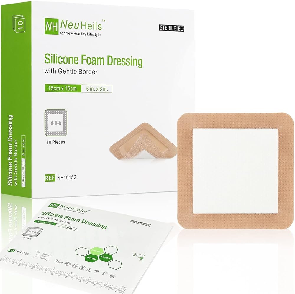 Silicone Adhesive Foam Dressing with Gentle Border 6''x6'', 10 Packs for Bed Sore Leg Ulcer, High Absorbency Waterproof Silicone Wound Bandages by NeuHeils - Product Image