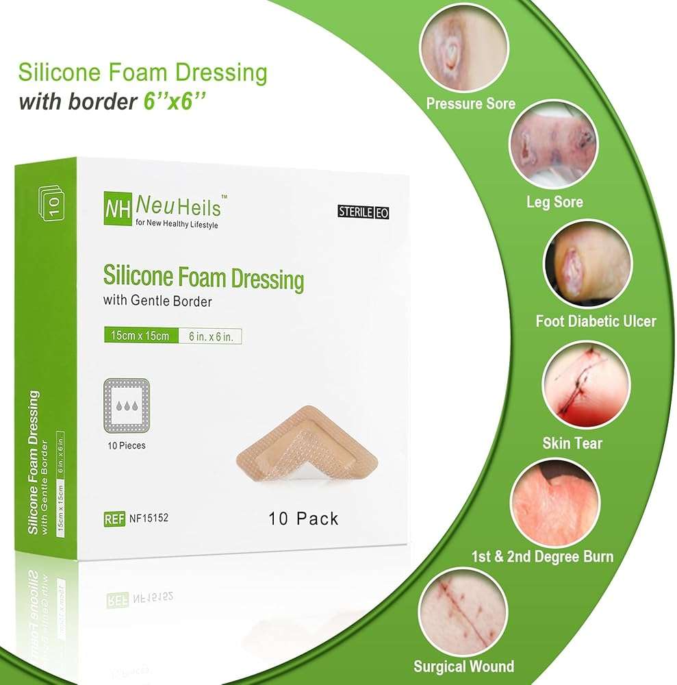 Silicone Adhesive Foam Dressing with Gentle Border 6''x6'', 10 Packs for Bed Sore Leg Ulcer, High Absorbency Waterproof Silicone Wound Bandages by NeuHeils - Image 2
