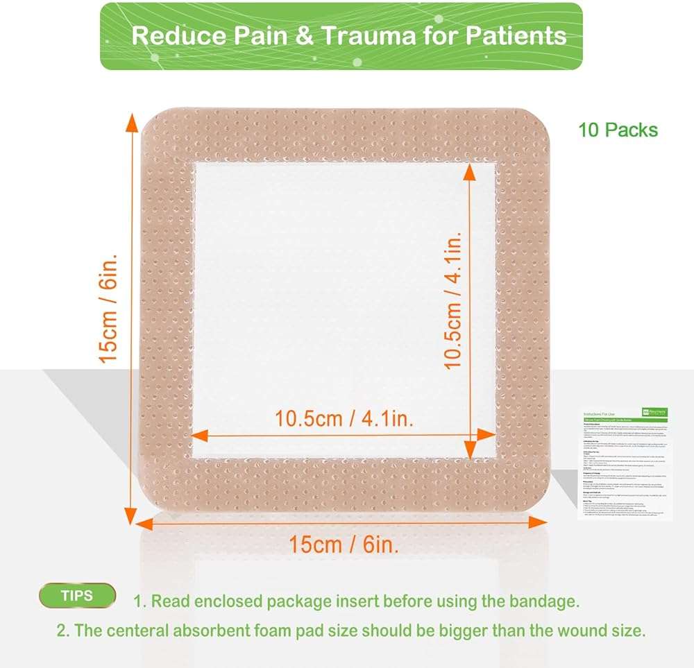 Silicone Adhesive Foam Dressing with Gentle Border 6''x6'', 10 Packs for Bed Sore Leg Ulcer, High Absorbency Waterproof Silicone Wound Bandages by NeuHeils - Image 6