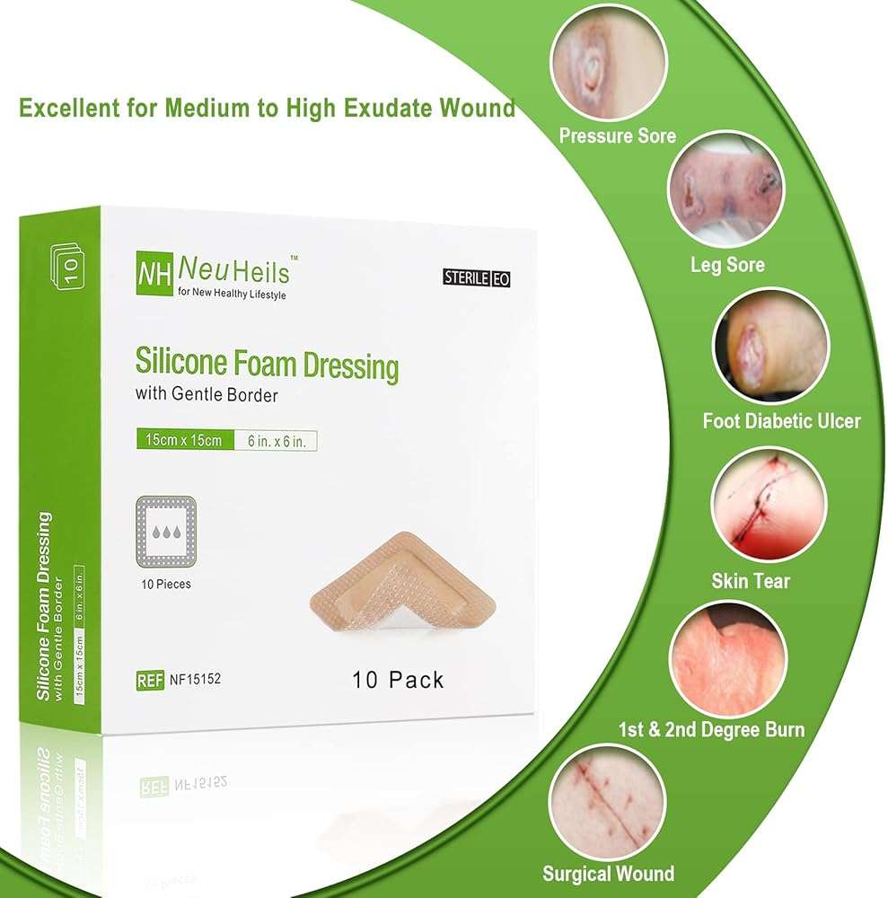 Silicone Adhesive Foam Dressing with Gentle Border 6''x6'', 10 Packs for Bed Sore Leg Ulcer, High Absorbency Waterproof Silicone Wound Bandages by NeuHeils - Image 8