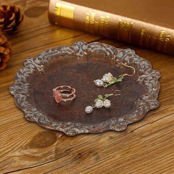 S-MANTIS Vintage Tray Small Antique Trinket Dish, Round, Ring Holder with Twisted Flower Surrounding, Cosmetics Makeup Storage Organizer, Gift, Aesthetic Room Decor (Bronze-Flower) - Image 2