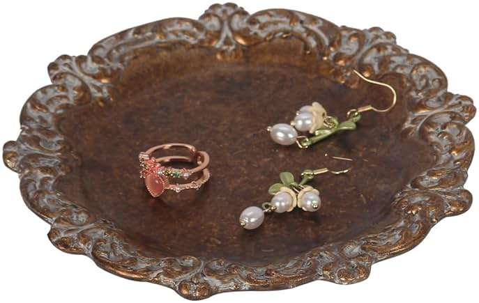 S-MANTIS Vintage Tray Small Antique Trinket Dish, Round, Ring Holder with Twisted Flower Surrounding, Cosmetics Makeup Storage Organizer, Gift, Aesthetic Room Decor (Bronze-Flower) - Image 4