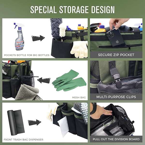SCAVATA Wearable Cleaning Caddy Organizer with Handle & Shoulder Straps for Housekeepers, Under Sink & Car Cleaning Tool Organizer Bag with 4 Foldable Dividers (Green) - Image 3