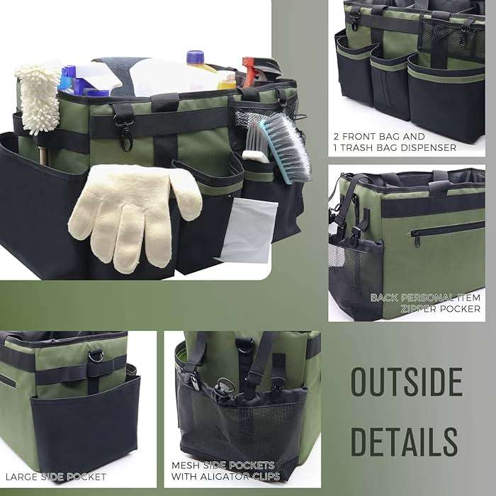 SCAVATA Wearable Cleaning Caddy Organizer with Handle & Shoulder Straps for Housekeepers, Under Sink & Car Cleaning Tool Organizer Bag with 4 Foldable Dividers (Green) - Image 4