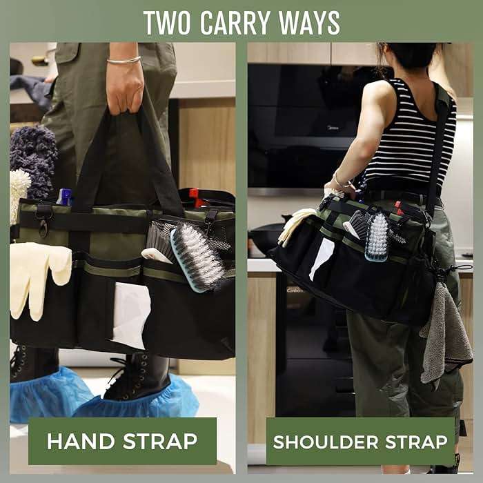 SCAVATA Wearable Cleaning Caddy Organizer with Handle & Shoulder Straps for Housekeepers, Under Sink & Car Cleaning Tool Organizer Bag with 4 Foldable Dividers (Green) - Image 6