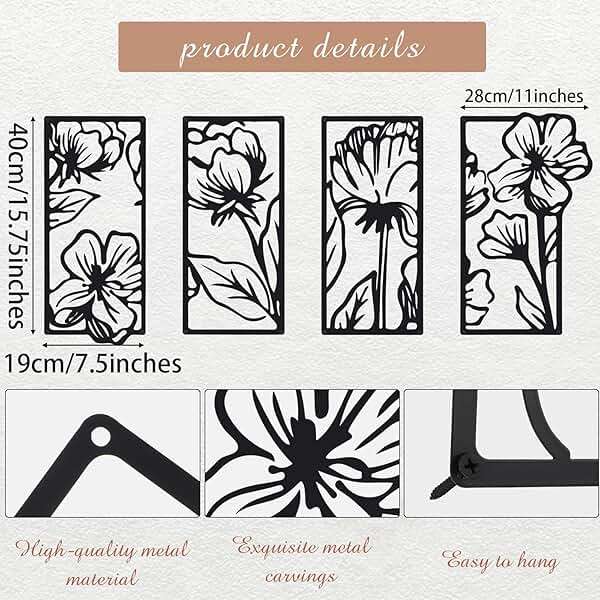 Cunno 4 Pcs Black Metal Flower Wall Decor Minimalist Art Wall Hanging Living Room Bedroom Floral Aesthetic Modern Sculpture Poppy Theme Home Kitchen Bathroom - Image 2