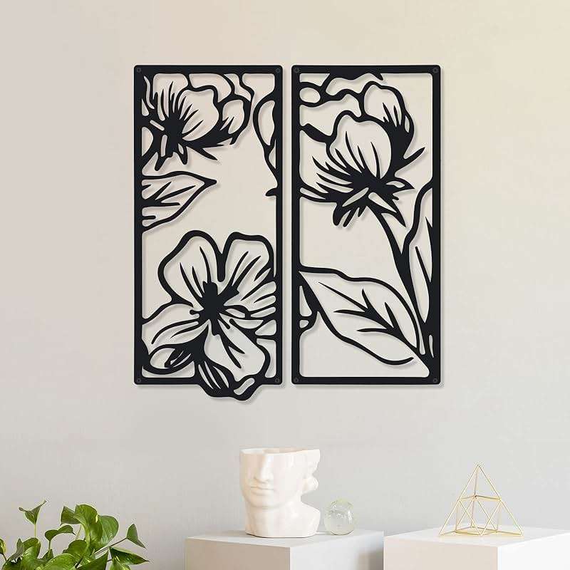 Cunno 4 Pcs Black Metal Flower Wall Decor Minimalist Art Wall Hanging Living Room Bedroom Floral Aesthetic Modern Sculpture Poppy Theme Home Kitchen Bathroom - Image 3
