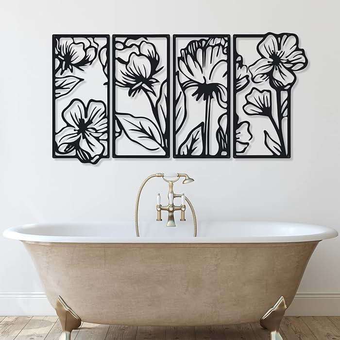 Cunno 4 Pcs Black Metal Flower Wall Decor Minimalist Art Wall Hanging Living Room Bedroom Floral Aesthetic Modern Sculpture Poppy Theme Home Kitchen Bathroom - Image 6