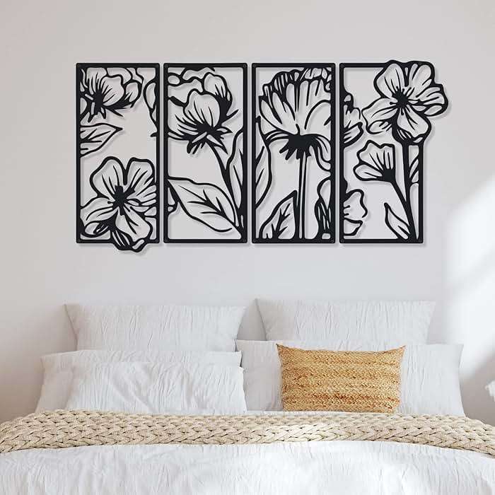 Cunno 4 Pcs Black Metal Flower Wall Decor Minimalist Art Wall Hanging Living Room Bedroom Floral Aesthetic Modern Sculpture Poppy Theme Home Kitchen Bathroom - Image 7