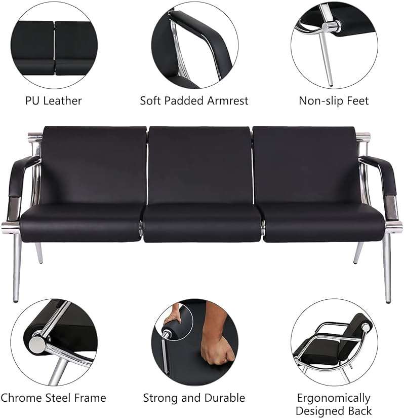 Kinfant Waiting Room Chairs Sofa Furniture - 5-Seat Office Guest Reception Chair with Armrest for Waiting Room Airport Hospital Bank (Black - PU) - Image 4
