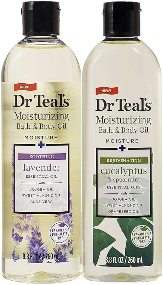 Dr. Teals Bath & Body Oil Variety Gift Set (2 Pack, 8.8oz Ea.) - Soothing Lavender & Rejuvenating Eucalyptus & Spearmint - Essential Oils Hydrate Skin & Alleviates Daily Stress - Image 1