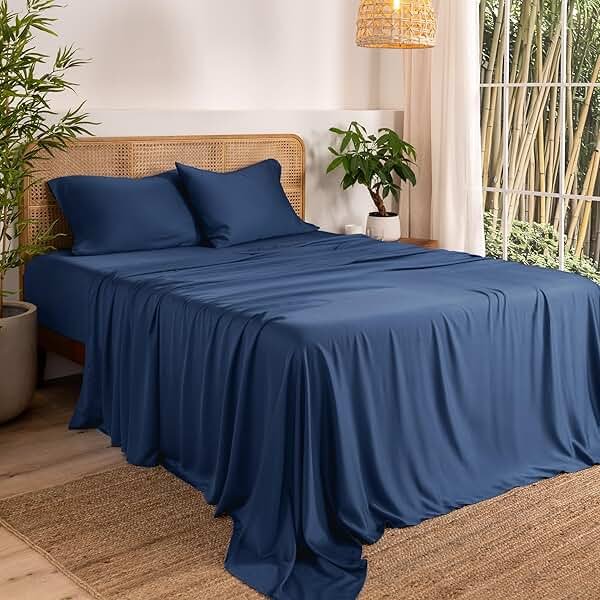 Bare Home 100% Rayon Made from Bamboo Luxury Queen Sheet Set - 4 Piece Bedding Set - Deep Pockets - Cooling Sheets - Breathable - Easy Fit - Soft Bedding Sheets & Pillowcases (Queen, Dark Blue) - Product Image