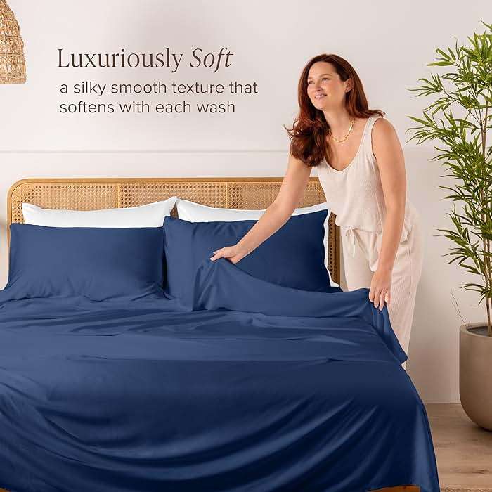 Bare Home 100% Rayon Made from Bamboo Luxury Queen Sheet Set - 4 Piece Bedding Set - Deep Pockets - Cooling Sheets - Breathable - Easy Fit - Soft Bedding Sheets & Pillowcases (Queen, Dark Blue) - Image 2
