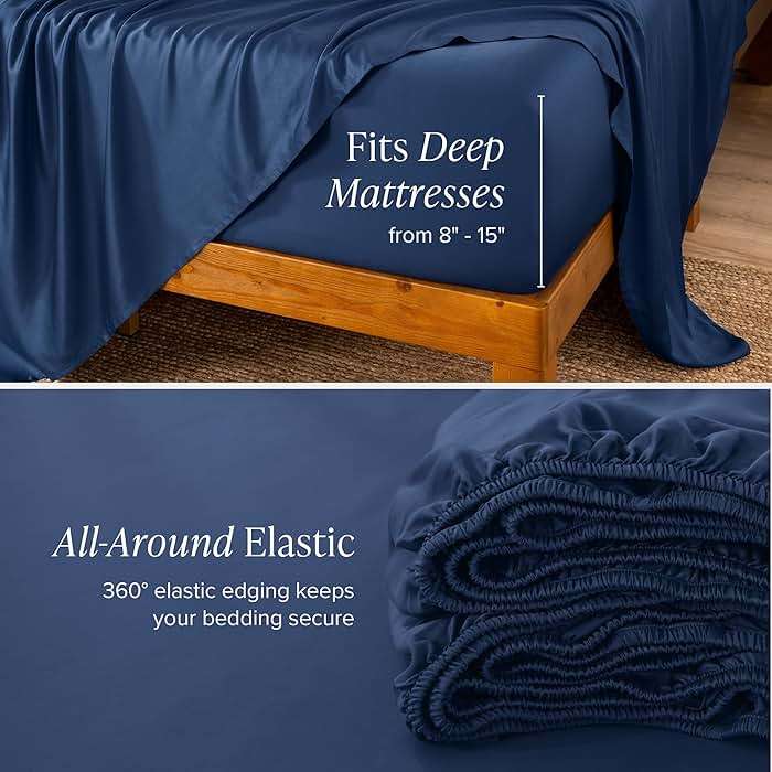 Bare Home 100% Rayon Made from Bamboo Luxury Queen Sheet Set - 4 Piece Bedding Set - Deep Pockets - Cooling Sheets - Breathable - Easy Fit - Soft Bedding Sheets & Pillowcases (Queen, Dark Blue) - Image 6