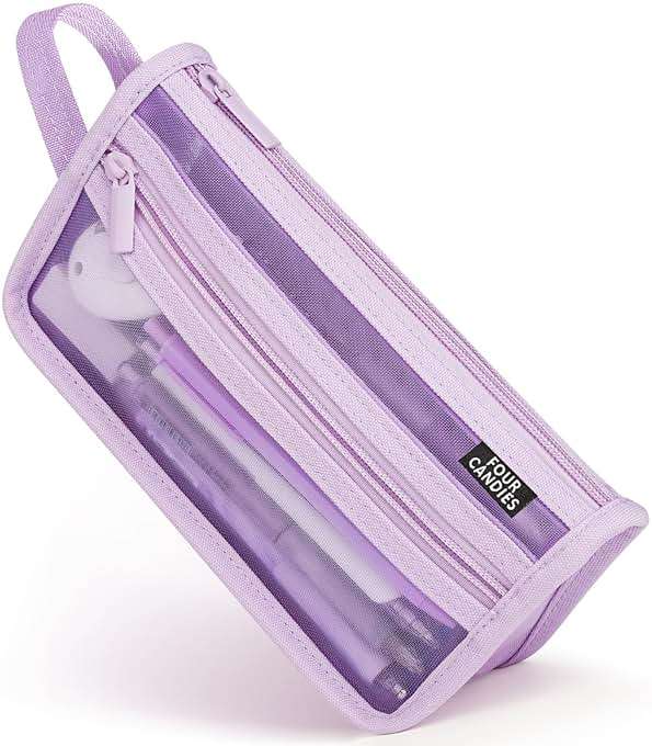 Four Candies Grid Mesh Pencil Case with Handle and Zipper, Clear Double-layer Pencil Pouch Marker Pouch, Travel Makeup Bag, Cute Transparent Stationary Organizer Pen Bag for Adult Office College - Image 1
