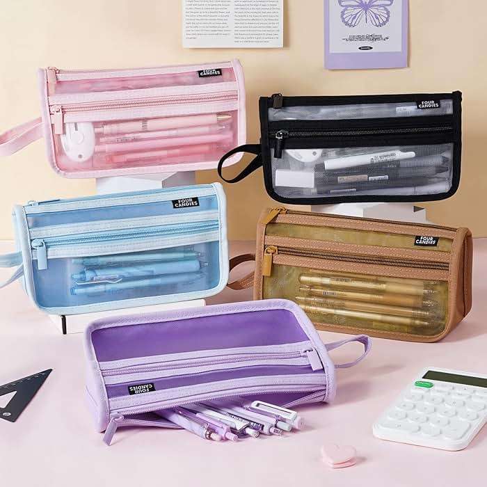 Four Candies Grid Mesh Pencil Case with Handle and Zipper, Clear Double-layer Pencil Pouch Marker Pouch, Travel Makeup Bag, Cute Transparent Stationary Organizer Pen Bag for Adult Office College - Image 2