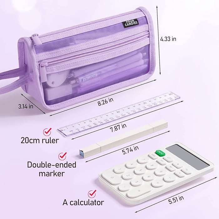 Four Candies Grid Mesh Pencil Case with Handle and Zipper, Clear Double-layer Pencil Pouch Marker Pouch, Travel Makeup Bag, Cute Transparent Stationary Organizer Pen Bag for Adult Office College - Image 3