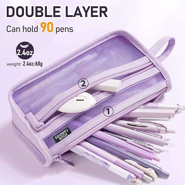 Four Candies Grid Mesh Pencil Case with Handle and Zipper, Clear Double-layer Pencil Pouch Marker Pouch, Travel Makeup Bag, Cute Transparent Stationary Organizer Pen Bag for Adult Office College - Image 5