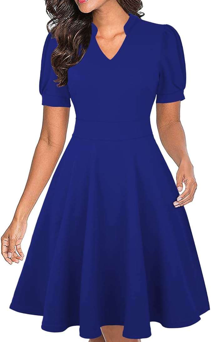 Mokayee Womens Summer Short Puff Sleeve Casual Semi-Formal Fit and Flare Church Wedding Guest Work Dresses with Pockets - Image 1