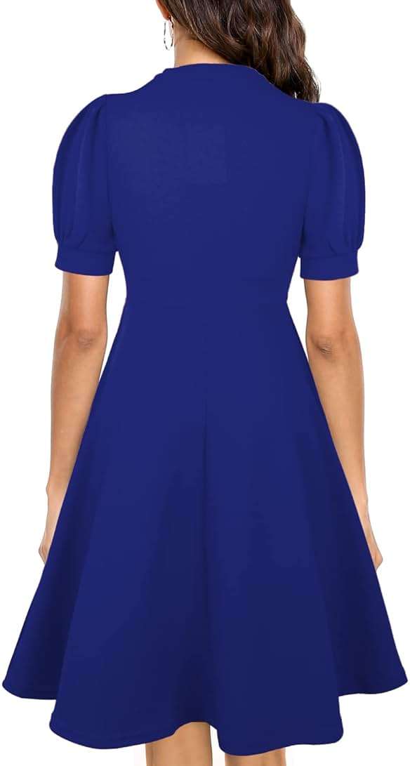 Mokayee Womens Summer Short Puff Sleeve Casual Semi-Formal Fit and Flare Church Wedding Guest Work Dresses with Pockets - Image 2