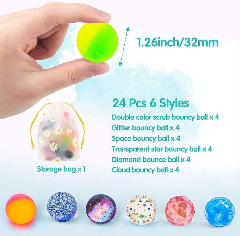 Ecoofor 24 Pieces Bouncy Balls 32mm Bounce Balls 6 Styles High Bouncing Balls Toys for Kids Party Favors Birthdays Gift Classroom - Image 2