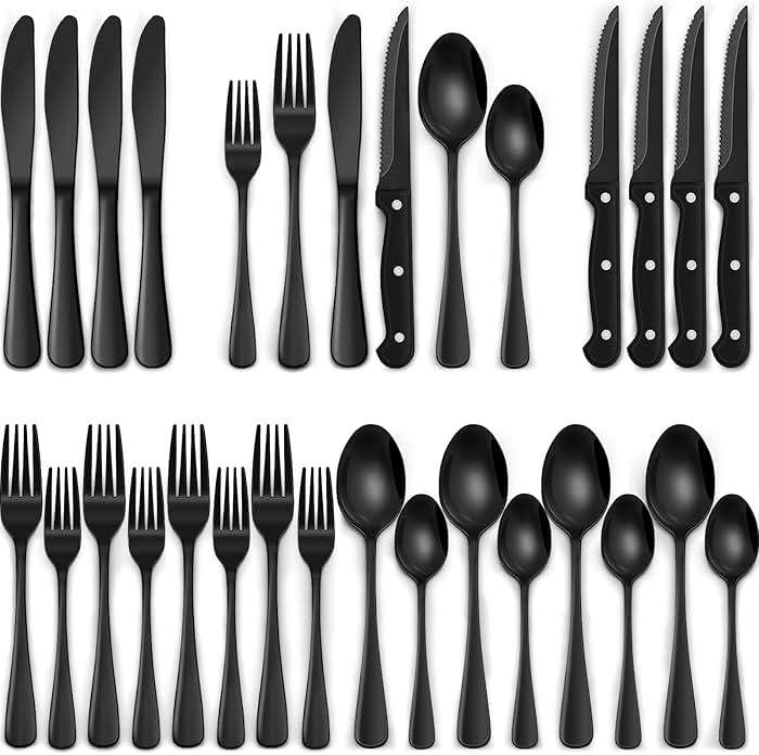 24-Piece Black Silverware Set with Steak Knives, Black Flatware Set for 4, Food-Grade Stainless Steel Tableware Cutlery Set, Mirror Finished Utensil Sets for Home Restaurant - Image 1