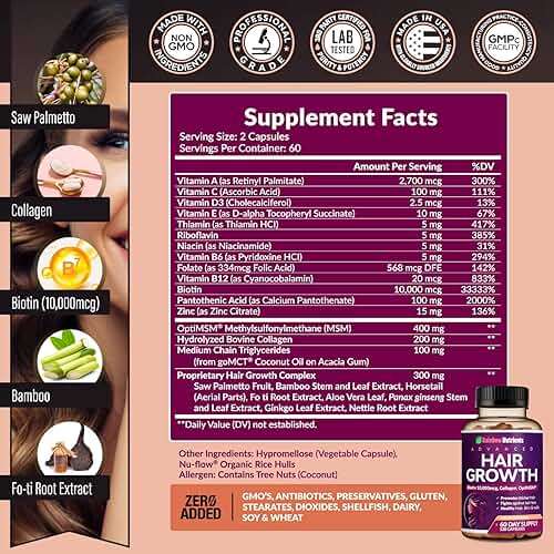 Hair Growth Vitamins for Women | Biotin 10,000mcg, Collagen, Patented OptiMSM®, goMCT®, Saw Palmetto | Naturally Regrow Stronger & Healthier Hair, Skin and Nails | Natural & Made in USA |60 Day Supply - Image 2