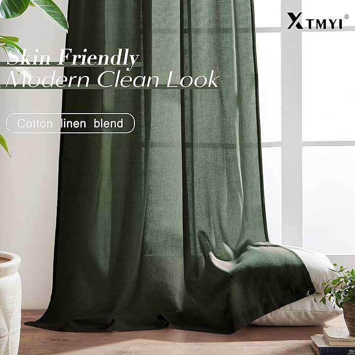 XTMYI Olive Green Linen Curtains, Light Filtering Sheer Window Treatments, Boho Floor to Ceiling Curtains for Bedroom Aesthetic Living Room, 84 Inches Long, 2 Panels Set - Image 5