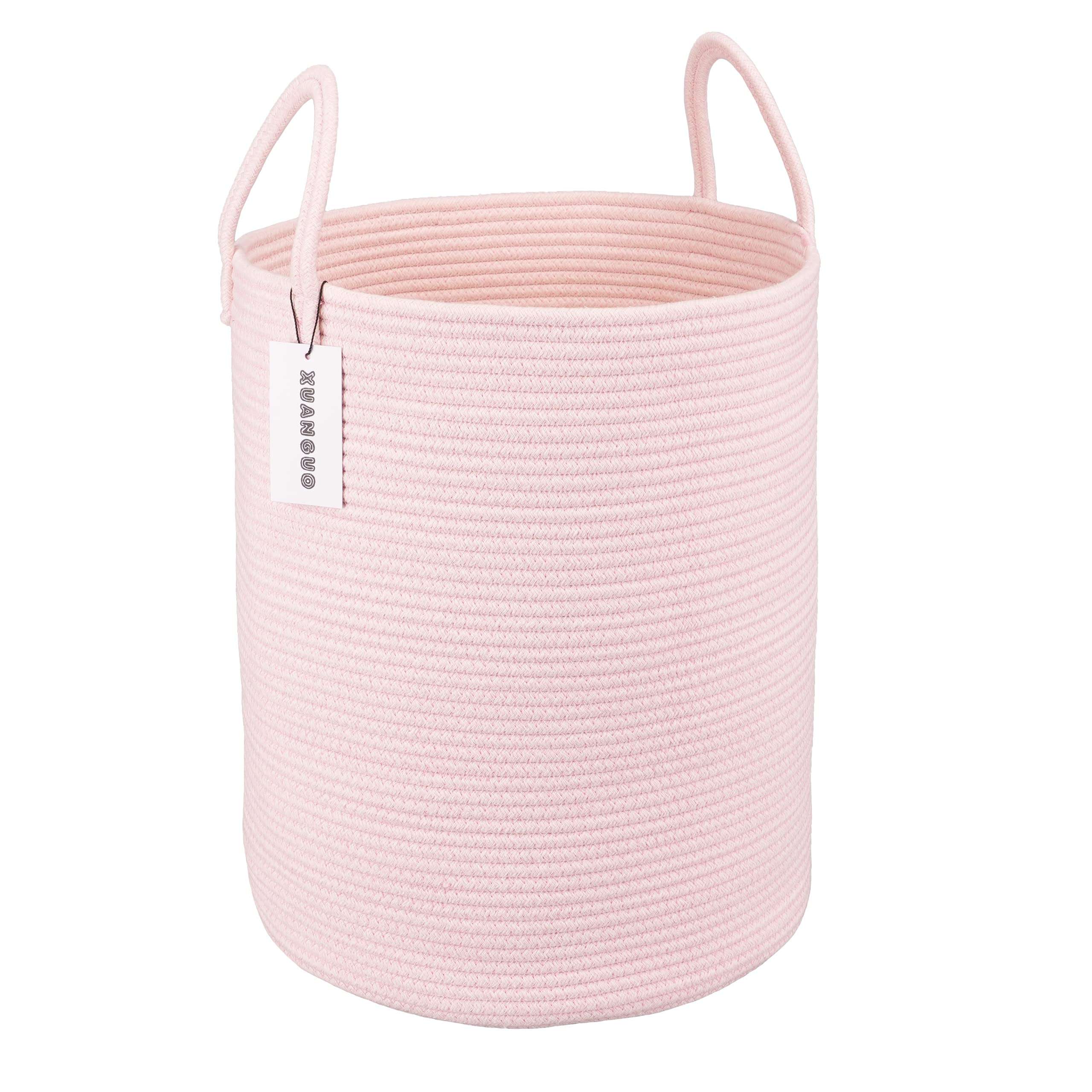XUANGUO Cotton Rope Laundry Basket Hamper for Girls Kids Baby Nursery Hamper Bin Woven Storage Basket for Living Room Girls room Boho Tall Rope Baskets for Blanket Toys Large light pink - Image 1