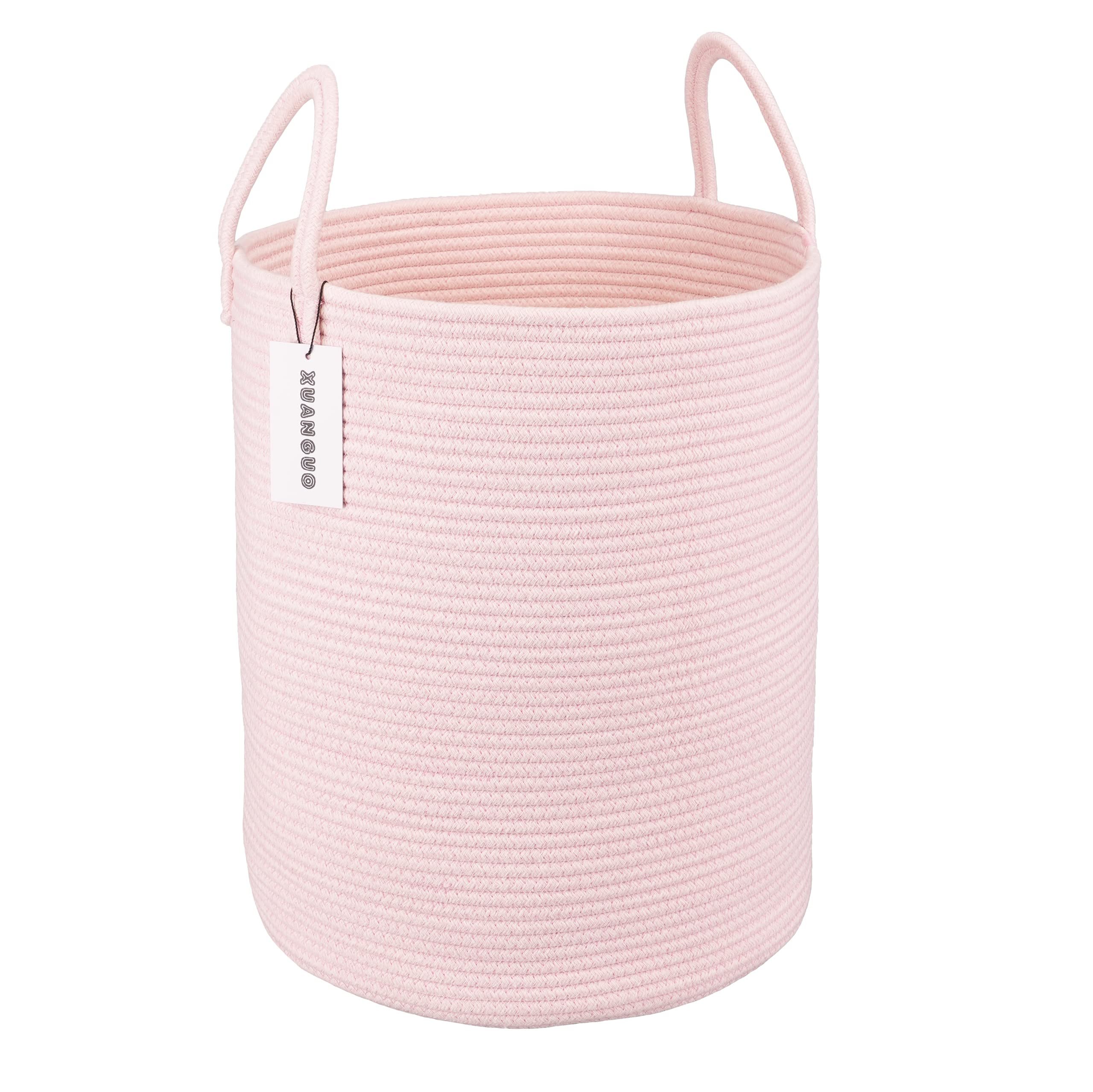 XUANGUO Cotton Rope Laundry Basket Hamper for Girls Kids Baby Nursery Hamper Bin Woven Storage Basket for Living Room Girls room Boho Tall Rope Baskets for Blanket Toys Large light pink - Product Image