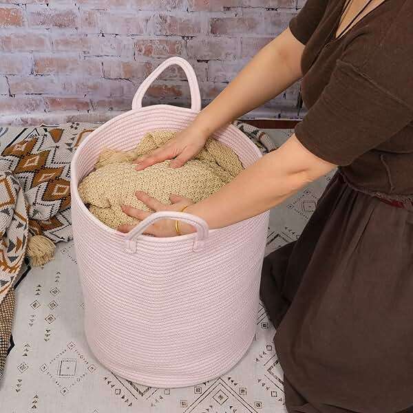 XUANGUO Cotton Rope Laundry Basket Hamper for Girls Kids Baby Nursery Hamper Bin Woven Storage Basket for Living Room Girls room Boho Tall Rope Baskets for Blanket Toys Large light pink - Image 2
