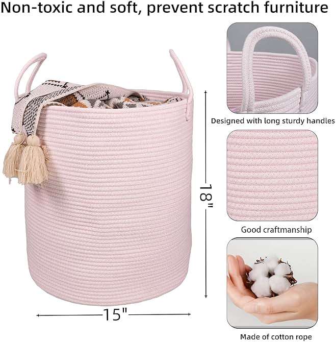 XUANGUO Cotton Rope Laundry Basket Hamper for Girls Kids Baby Nursery Hamper Bin Woven Storage Basket for Living Room Girls room Boho Tall Rope Baskets for Blanket Toys Large light pink - Image 3