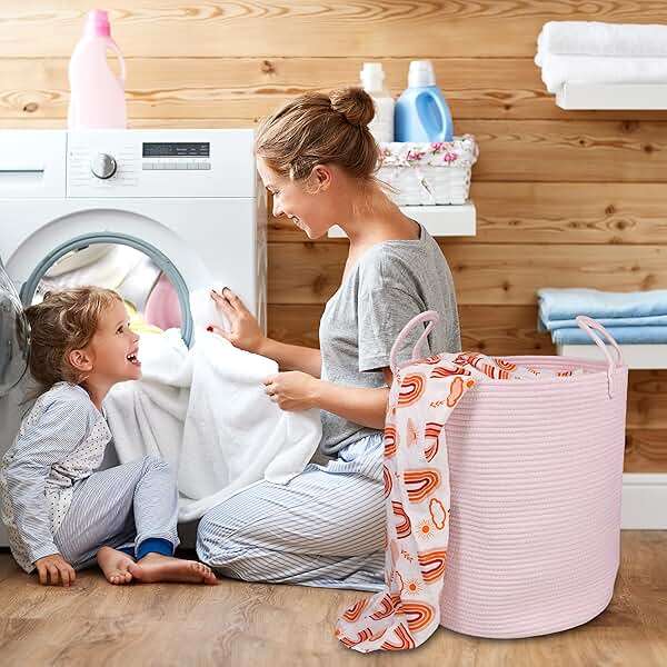 XUANGUO Cotton Rope Laundry Basket Hamper for Girls Kids Baby Nursery Hamper Bin Woven Storage Basket for Living Room Girls room Boho Tall Rope Baskets for Blanket Toys Large light pink - Image 4