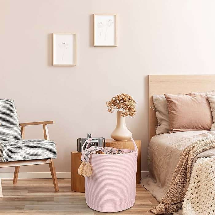XUANGUO Cotton Rope Laundry Basket Hamper for Girls Kids Baby Nursery Hamper Bin Woven Storage Basket for Living Room Girls room Boho Tall Rope Baskets for Blanket Toys Large light pink - Image 5