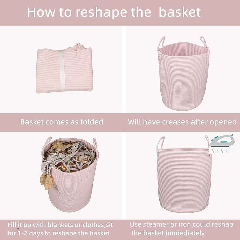 XUANGUO Cotton Rope Laundry Basket Hamper for Girls Kids Baby Nursery Hamper Bin Woven Storage Basket for Living Room Girls room Boho Tall Rope Baskets for Blanket Toys Large light pink - Image 6