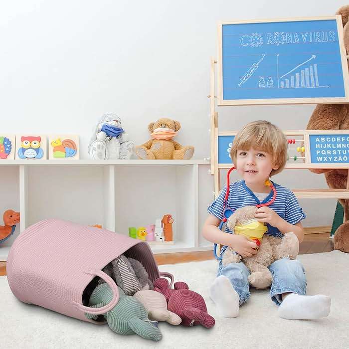 XUANGUO Cotton Rope Laundry Basket Hamper for Girls Kids Baby Nursery Hamper Bin Woven Storage Basket for Living Room Girls room Boho Tall Rope Baskets for Blanket Toys Large light pink - Image 7