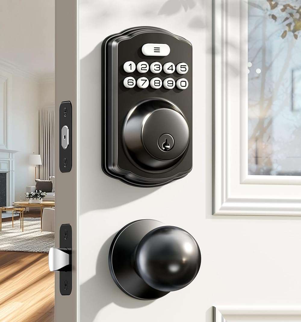 Veise Keyless Entry Door Lock with 2 Knobs, Electronic Backlit Keypad Deadbolt with Handle Set, Auto Lock, One-time Codes, Smart Deadbolt for Front Door, Easy Installation, Matte Black - Image 1