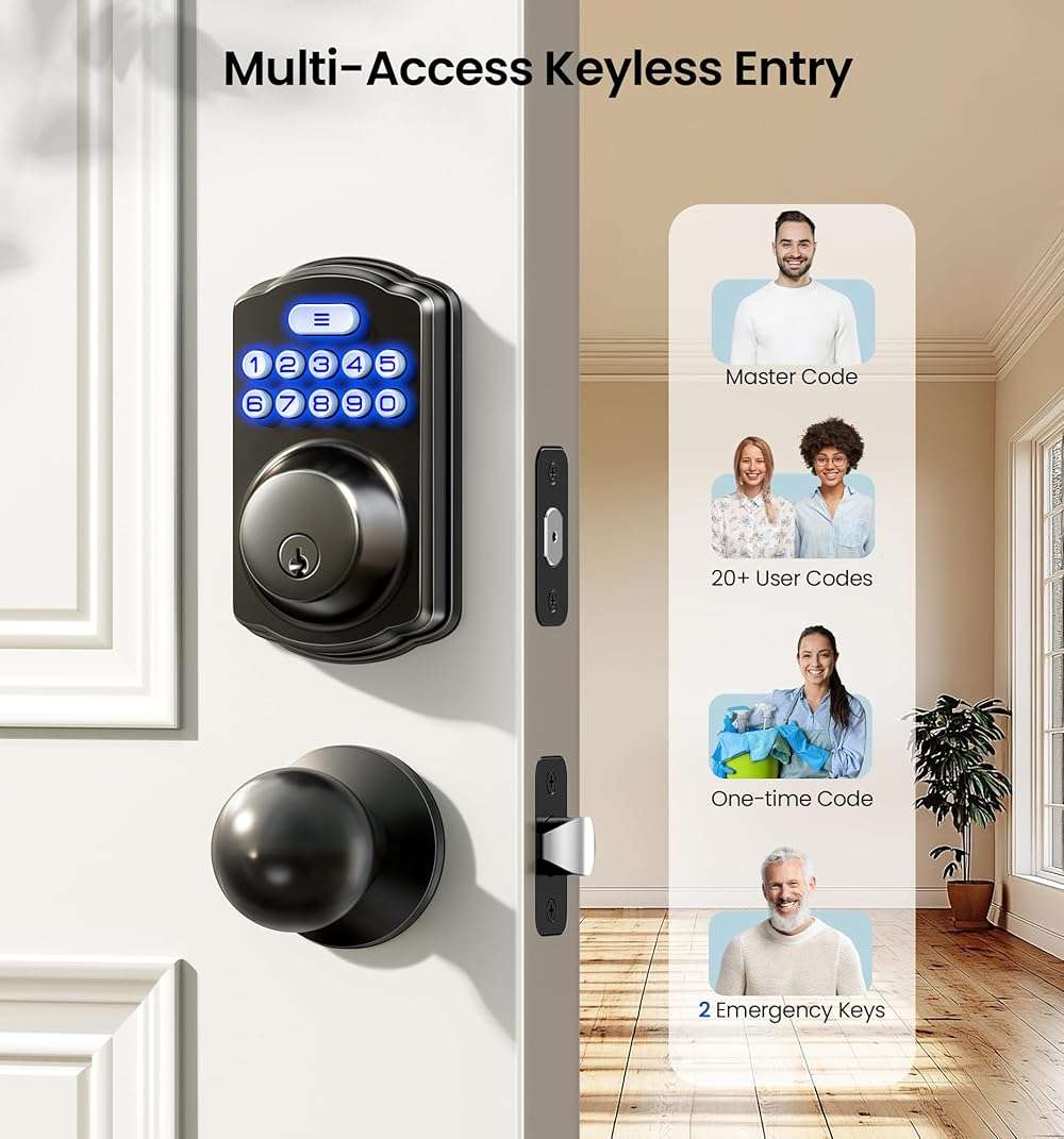 Veise Keyless Entry Door Lock with 2 Knobs, Electronic Backlit Keypad Deadbolt with Handle Set, Auto Lock, One-time Codes, Smart Deadbolt for Front Door, Easy Installation, Matte Black - Image 2