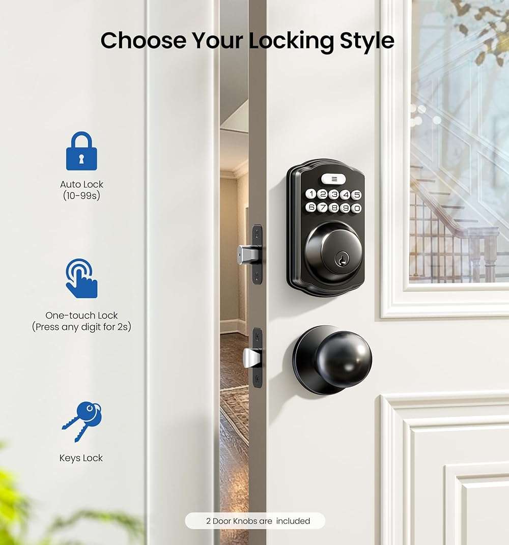 Veise Keyless Entry Door Lock with 2 Knobs, Electronic Backlit Keypad Deadbolt with Handle Set, Auto Lock, One-time Codes, Smart Deadbolt for Front Door, Easy Installation, Matte Black - Image 3