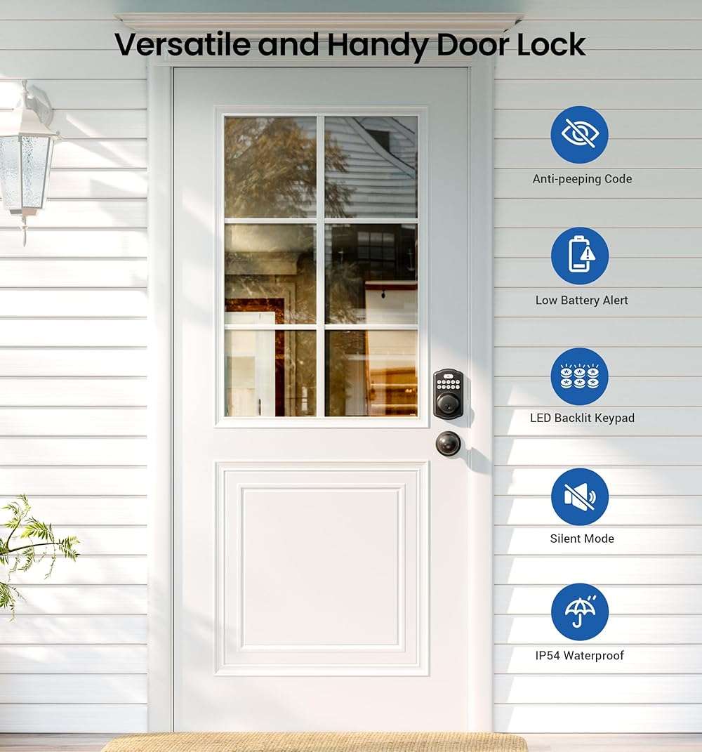 Veise Keyless Entry Door Lock with 2 Knobs, Electronic Backlit Keypad Deadbolt with Handle Set, Auto Lock, One-time Codes, Smart Deadbolt for Front Door, Easy Installation, Matte Black - Image 4