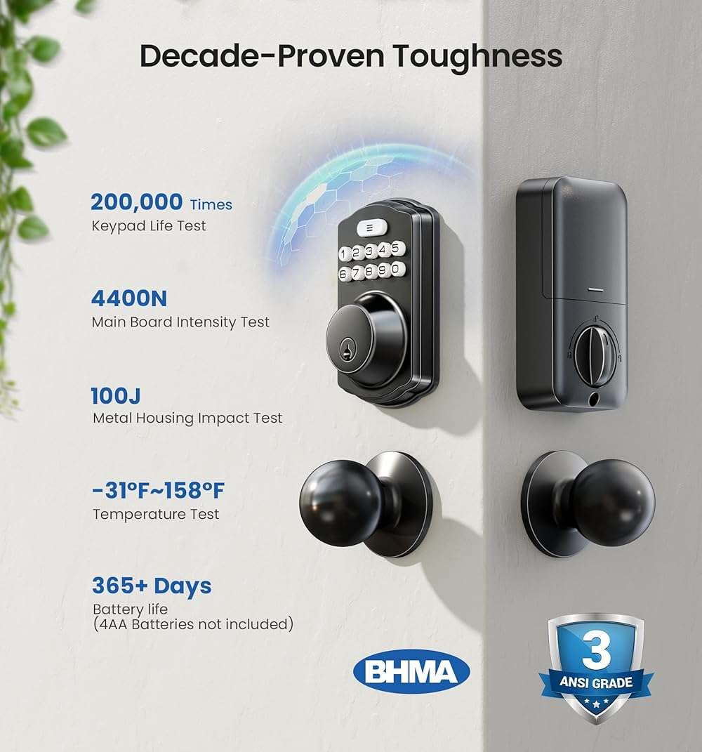 Veise Keyless Entry Door Lock with 2 Knobs, Electronic Backlit Keypad Deadbolt with Handle Set, Auto Lock, One-time Codes, Smart Deadbolt for Front Door, Easy Installation, Matte Black - Image 5