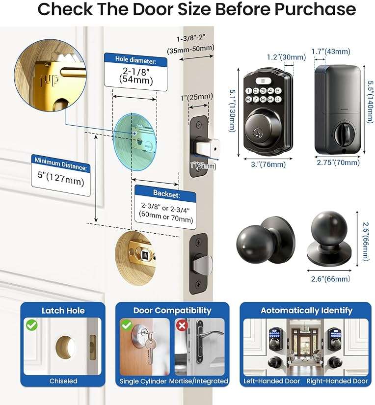 Veise Keyless Entry Door Lock with 2 Knobs, Electronic Backlit Keypad Deadbolt with Handle Set, Auto Lock, One-time Codes, Smart Deadbolt for Front Door, Easy Installation, Matte Black - Image 8