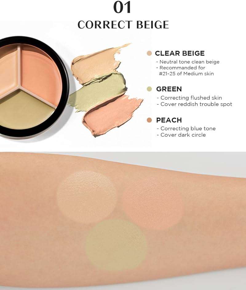 THESAEM Cover Perfection Triple Pot Concealer - 01 Correct Beige for Red Tone & Dark Circles - 3-Color Multi Concealer Palette for Skin Tones 21-23 - Korean Makeup with Sweet Almond Oil & Herbal Water - Image 5