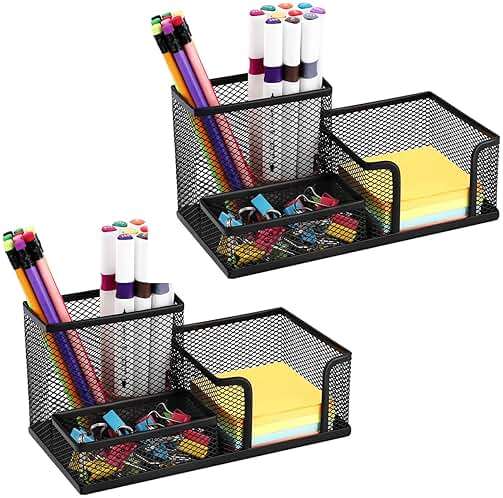 Byjoph 2-Piece Desk Pen & Pencil Organizer - Mesh Metal Pen Cup with Sticky Notes Holder, Black | Pen Cup - Image 1