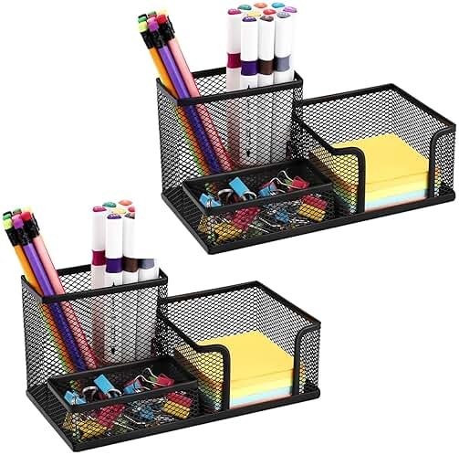 Byjoph 2-Piece Desk Pen & Pencil Organizer - Mesh Metal Pen Cup with Sticky Notes Holder, Black | Pen Cup - Product Image