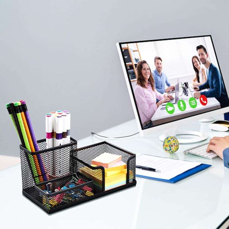Byjoph 2-Piece Desk Pen & Pencil Organizer - Mesh Metal Pen Cup with Sticky Notes Holder, Black | Pen Cup - Image 2