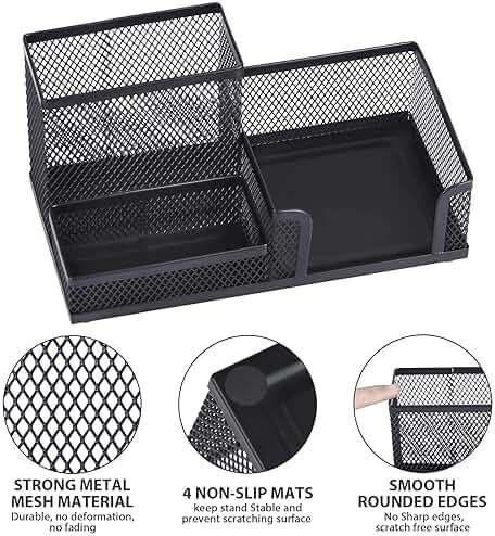 Byjoph 2-Piece Desk Pen & Pencil Organizer - Mesh Metal Pen Cup with Sticky Notes Holder, Black | Pen Cup - Image 5