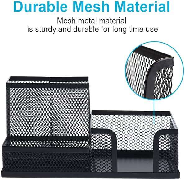 Byjoph 2-Piece Desk Pen & Pencil Organizer - Mesh Metal Pen Cup with Sticky Notes Holder, Black | Pen Cup - Image 6